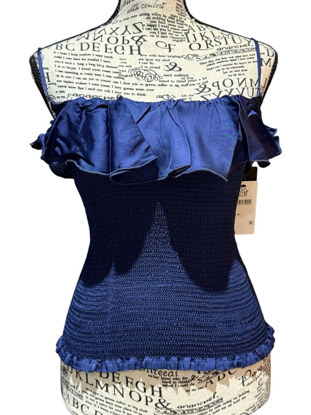 Chaser Navy Smocked Ruffle Cami Tank XS NWT Satin Trim Adjustable Straps
